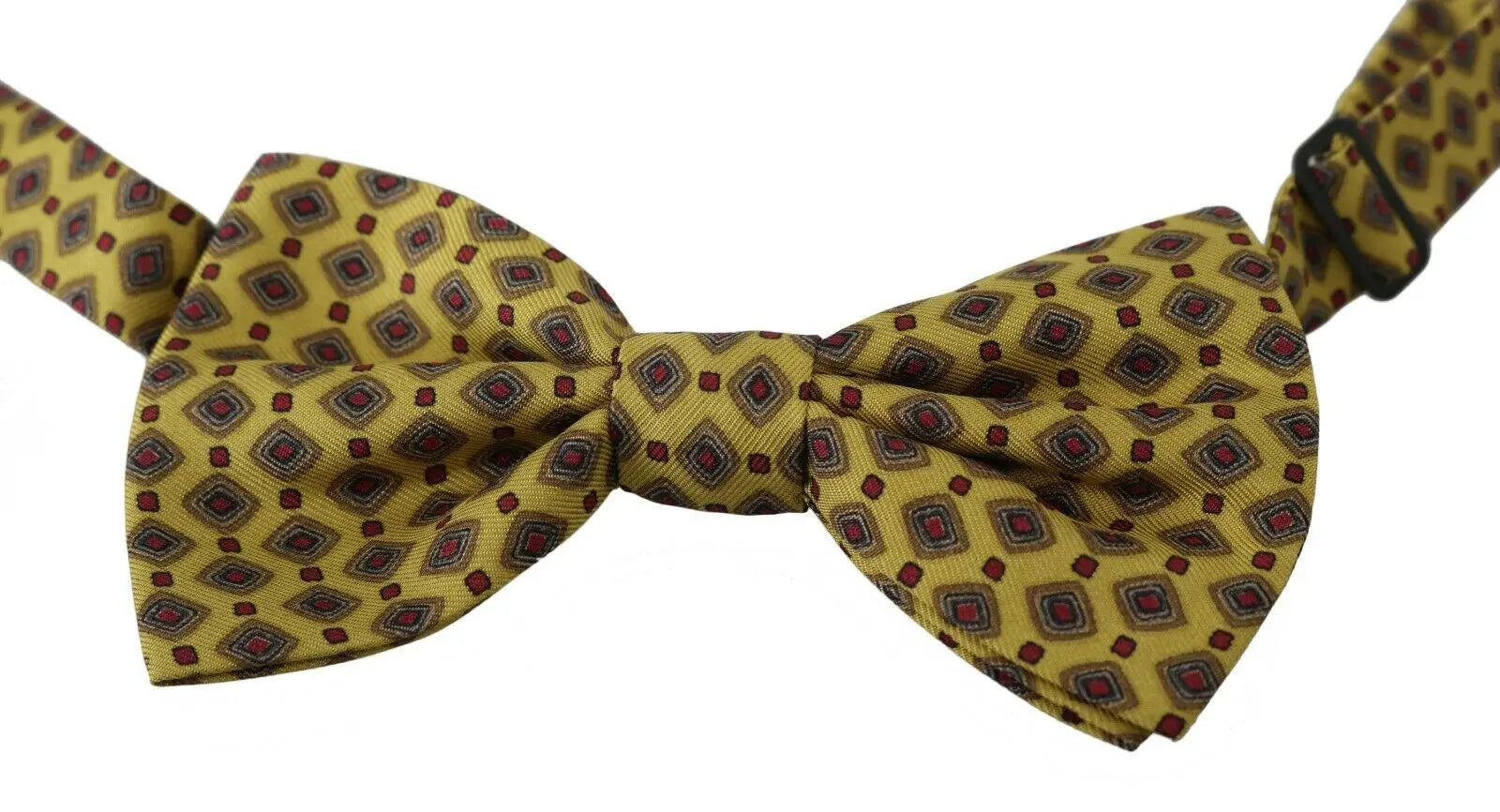 Yellow silk bow tie with purple and black geometric pattern, adjustable strap.