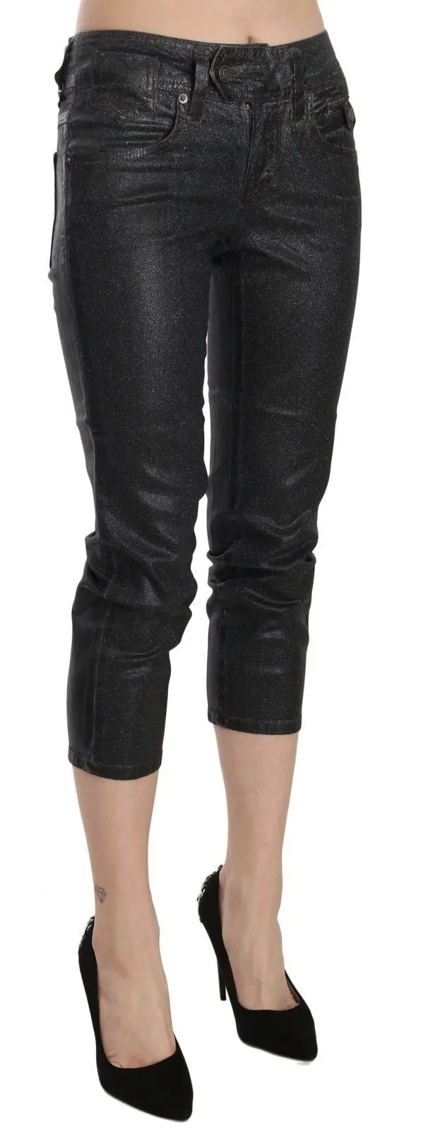 Black washed slim leg cropped denim pants with mid waist and button closure.