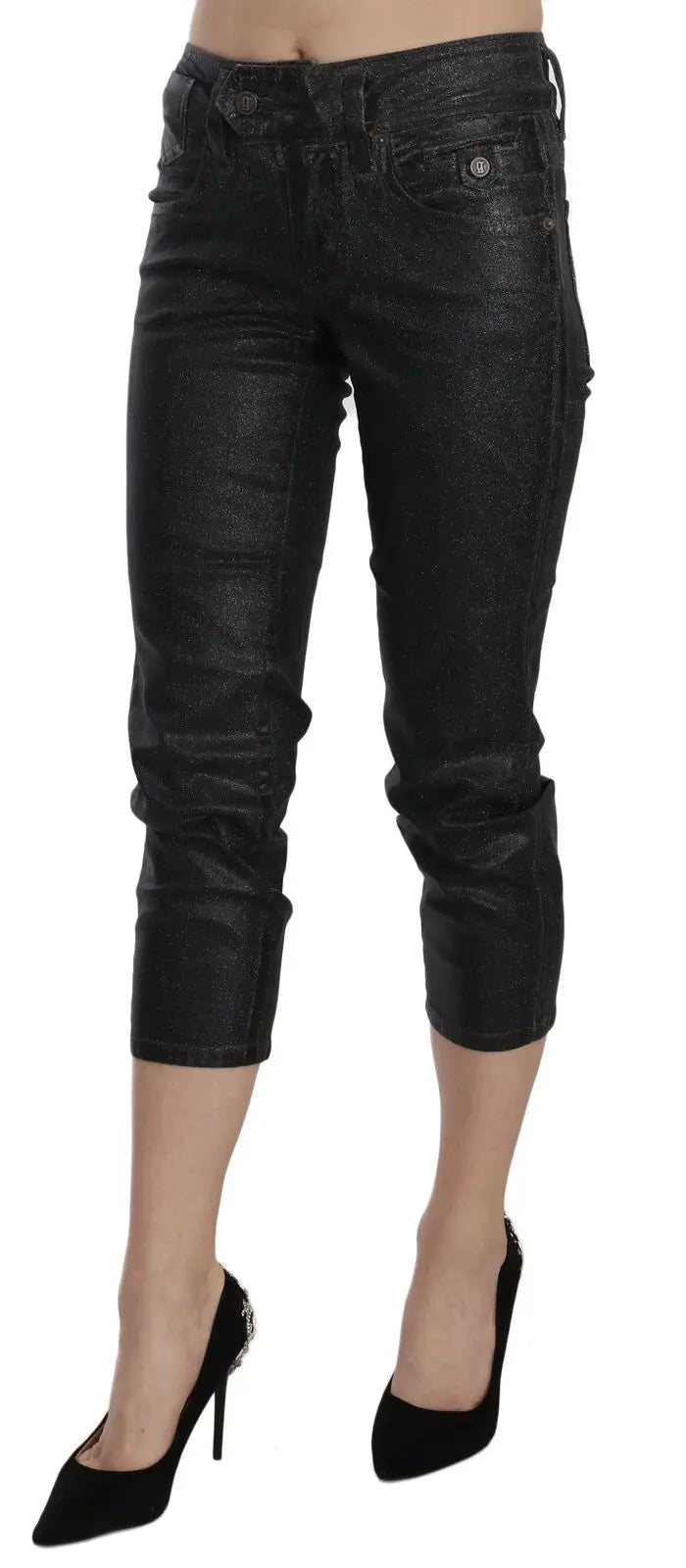 Black washed slim leg cropped denim pants with mid waist and button closure.