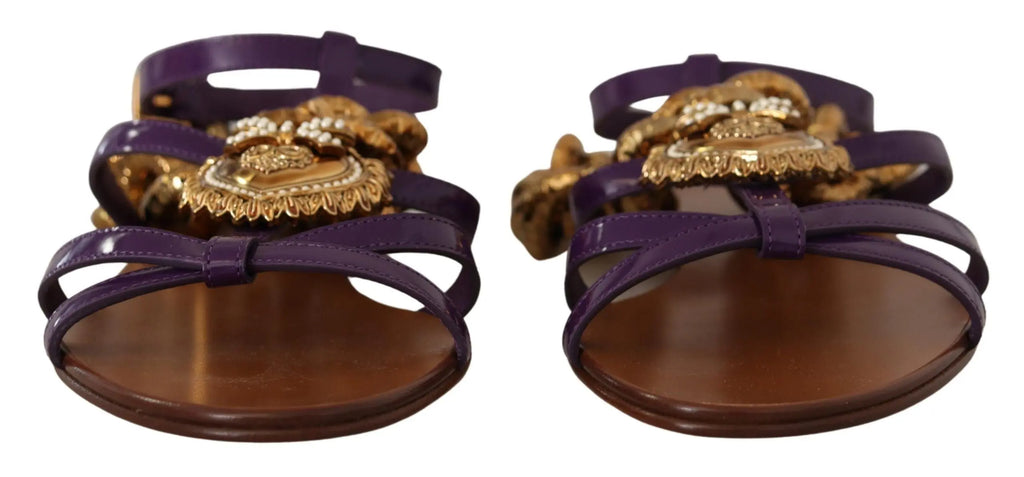 Purple leather flat sandal with gold chain and decorative beading on ankle strap.