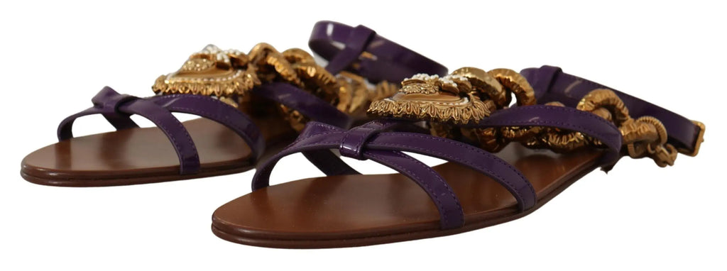 Purple leather flat sandal with gold chain and decorative beading on ankle strap.