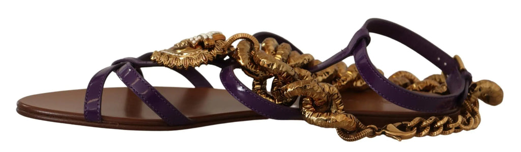 Purple leather flat sandal with gold chain and decorative beading on ankle strap.