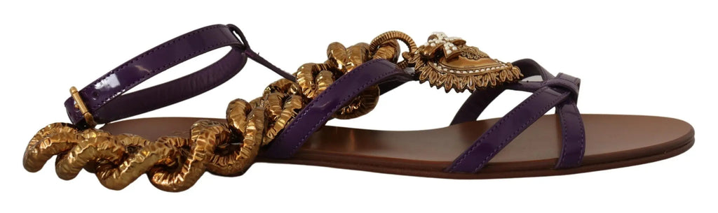 Purple leather flat sandal with gold chain and decorative beading on ankle strap.