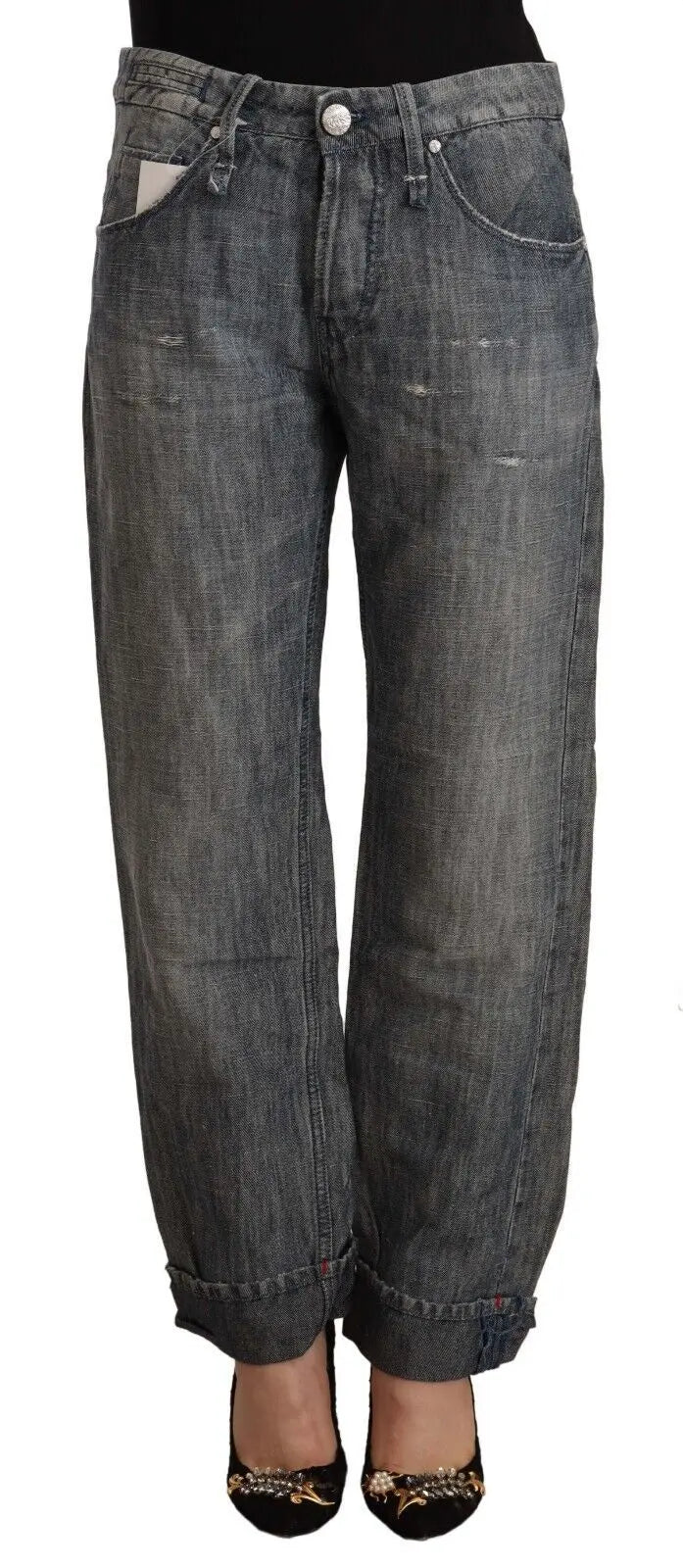 Gray washed ramie-cotton straight-leg jeans with folded hems and five-pocket styling.
