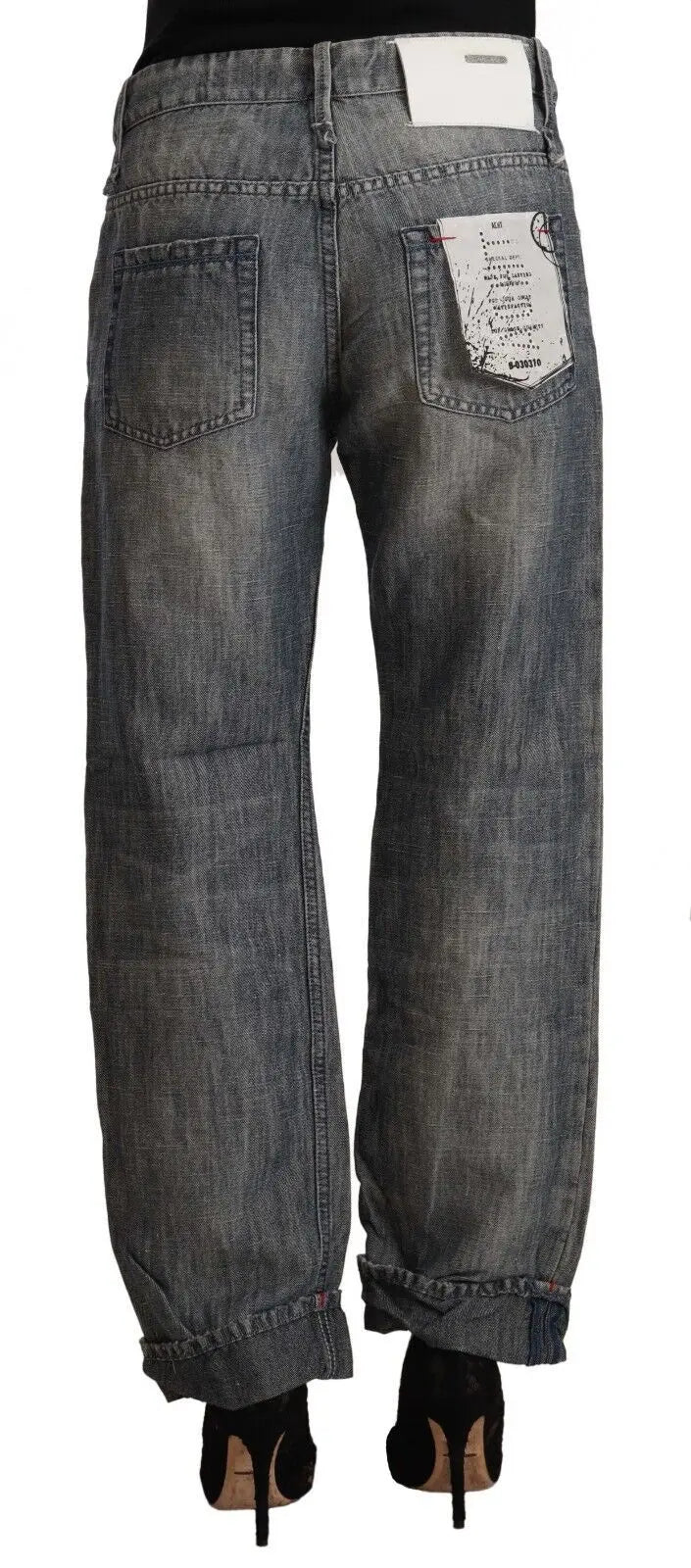Gray washed ramie-cotton straight-leg jeans with folded hems and five-pocket styling.
