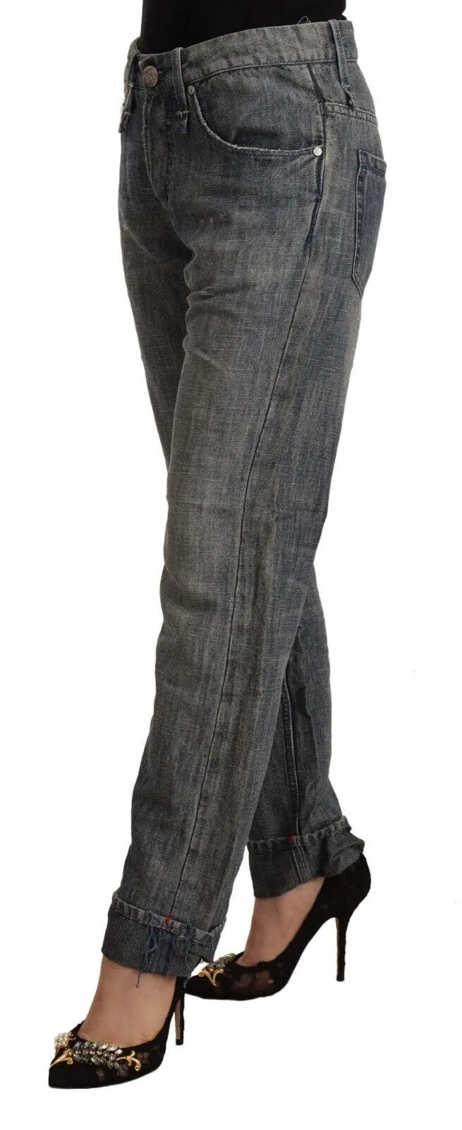 Gray washed ramie-cotton straight-leg jeans with folded hems and five-pocket styling.