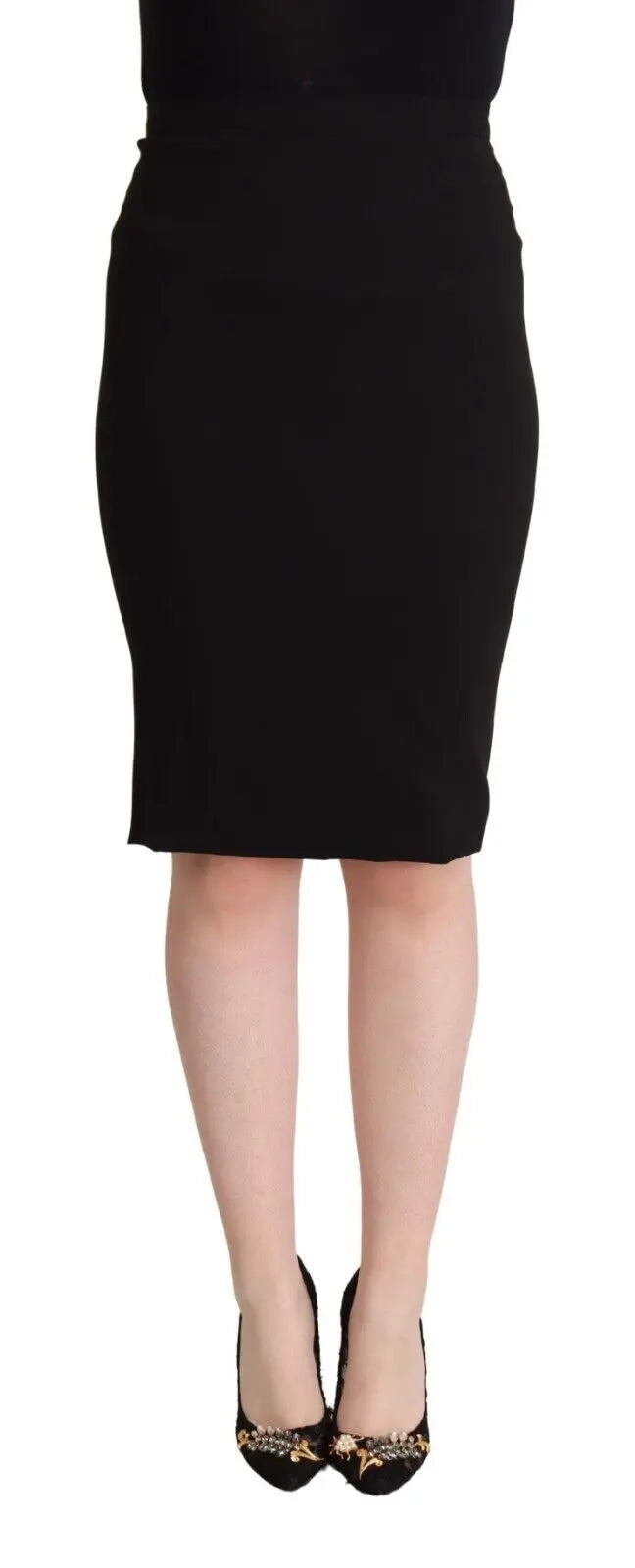 Black high waist knee-length pencil skirt with a slim, tailored fit.