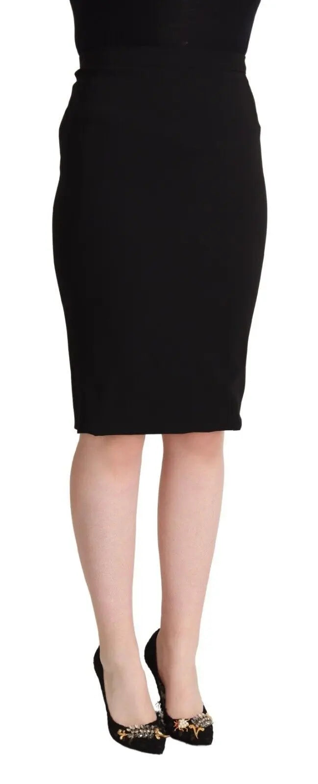 Black high waist knee-length pencil skirt with a slim, tailored fit.