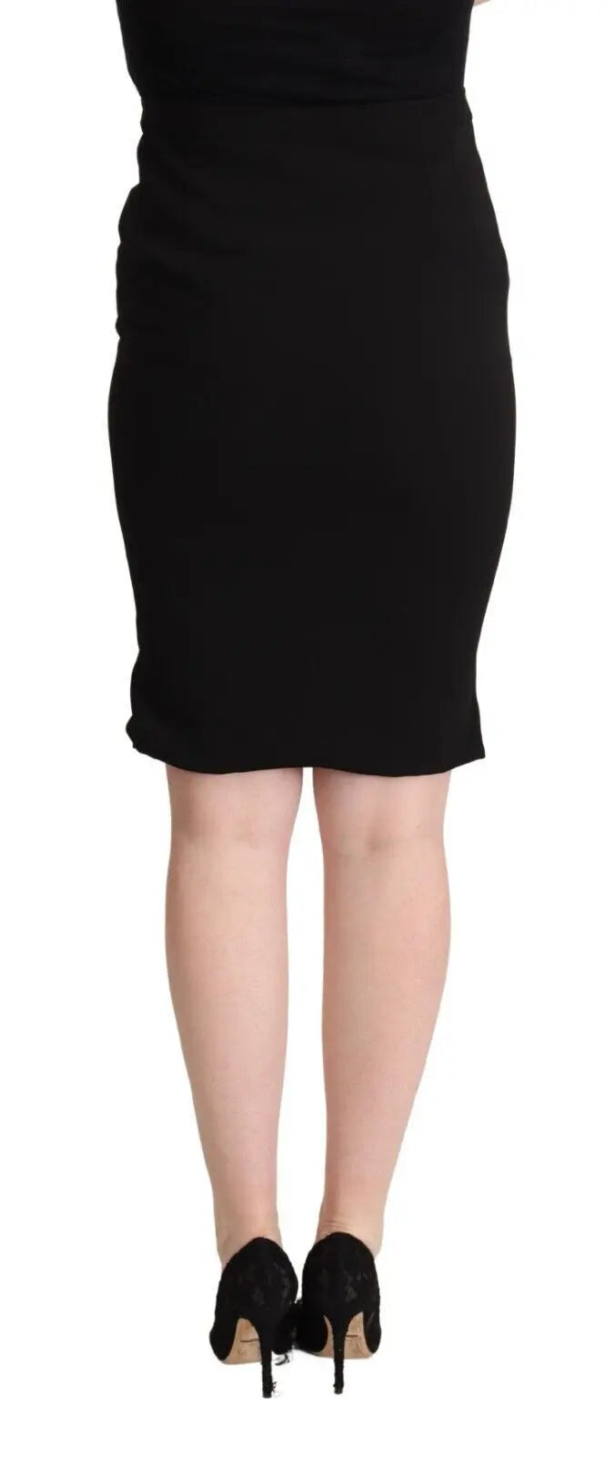 Black high waist knee-length pencil skirt with a slim, tailored fit.