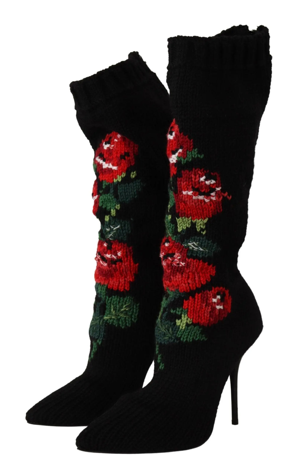 Black high-heeled sock boots with red rose embroidery and pointed toe.