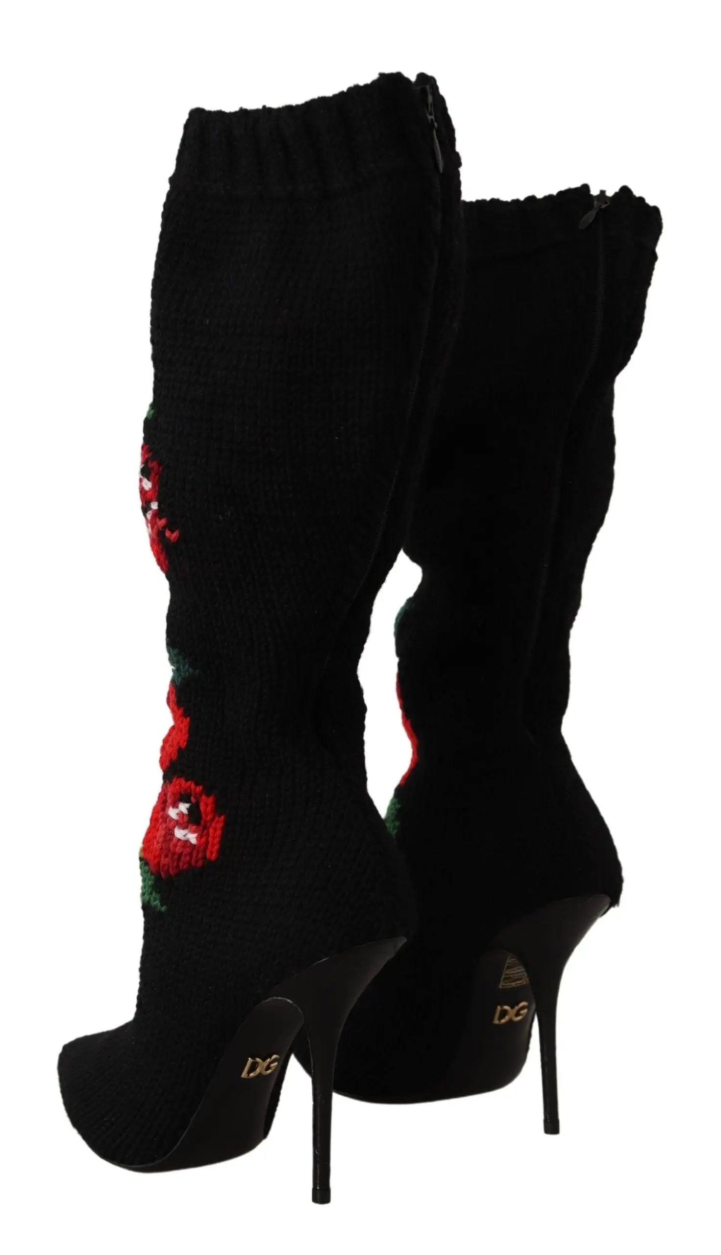 Black high-heeled sock boots with red rose embroidery and pointed toe.