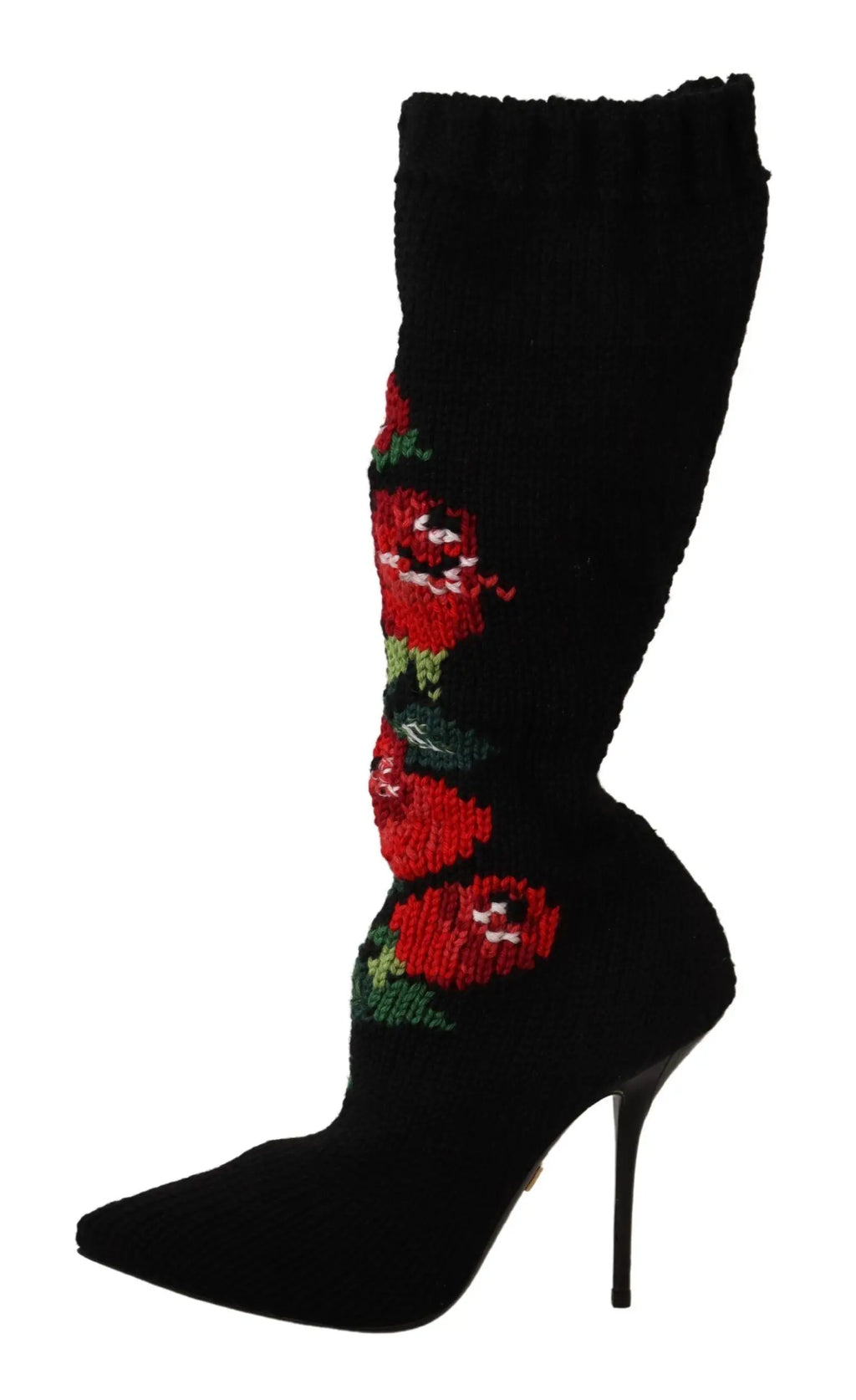 Black high-heeled sock boots with red rose embroidery and pointed toe.