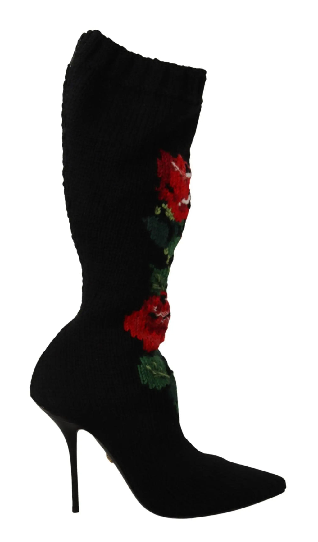 Black high-heeled sock boots with red rose embroidery and pointed toe.