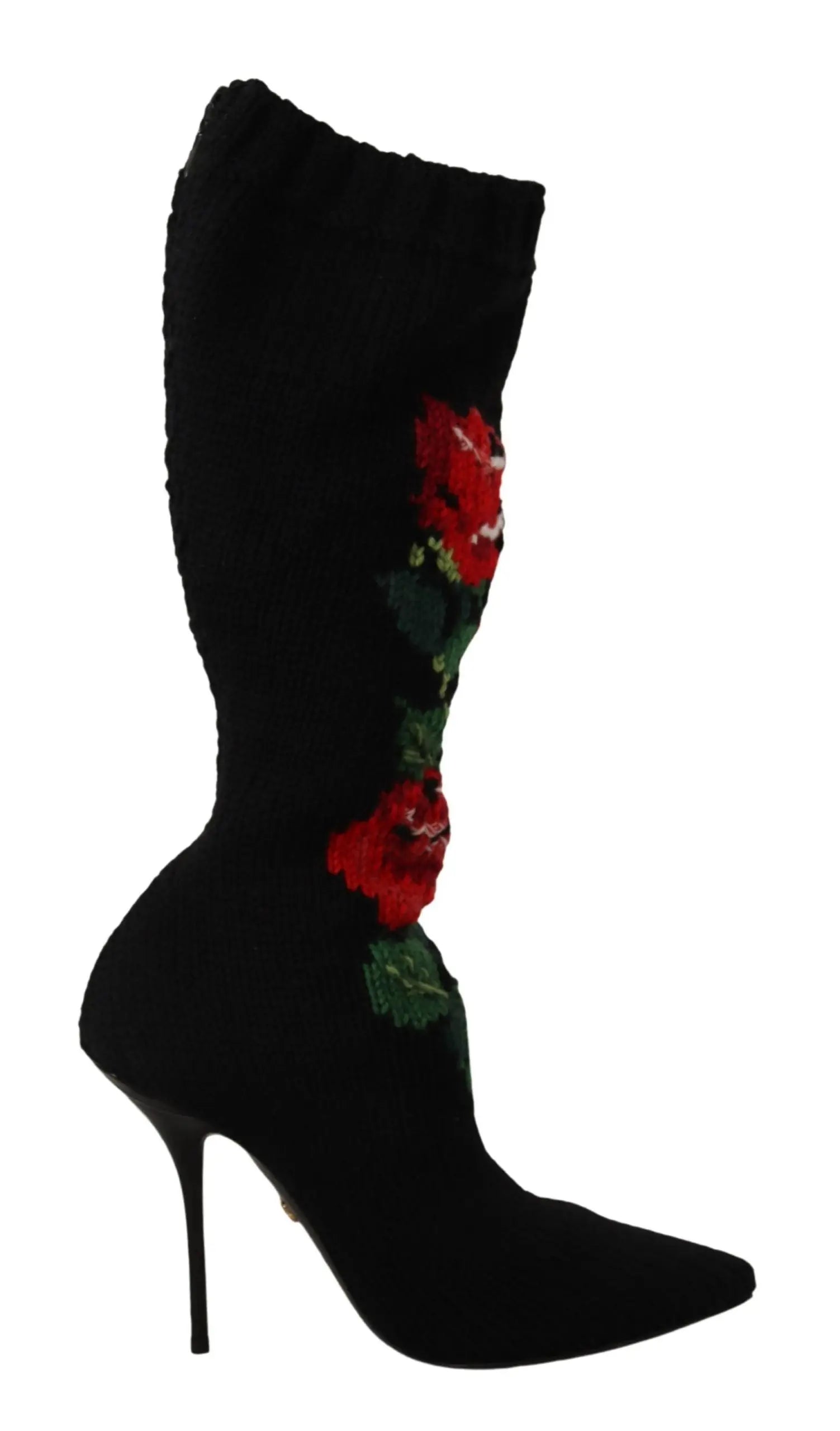 Black high-heeled sock boots with red rose embroidery and pointed toe.