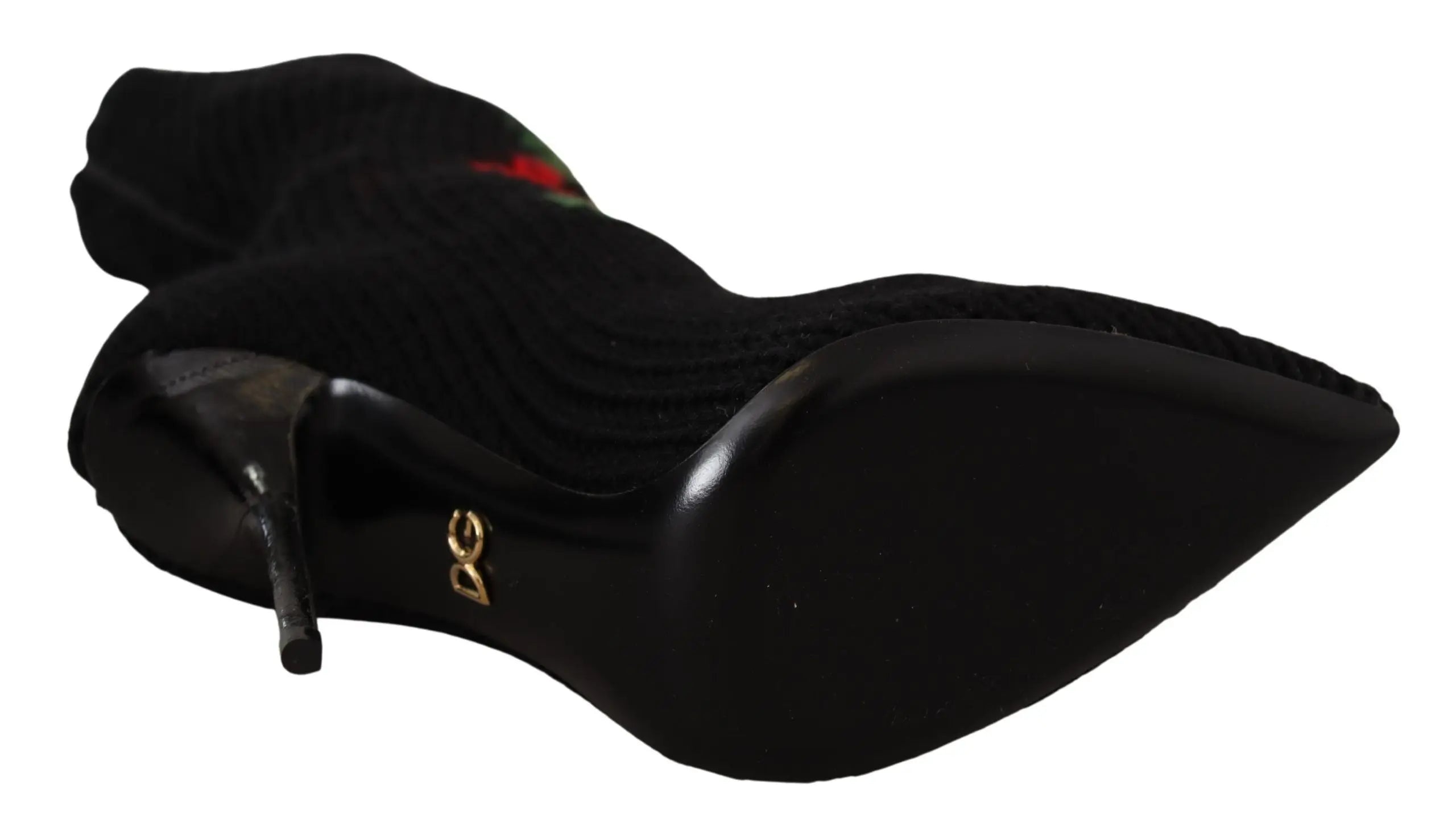 Black high-heeled sock boots with red rose embroidery and pointed toe.