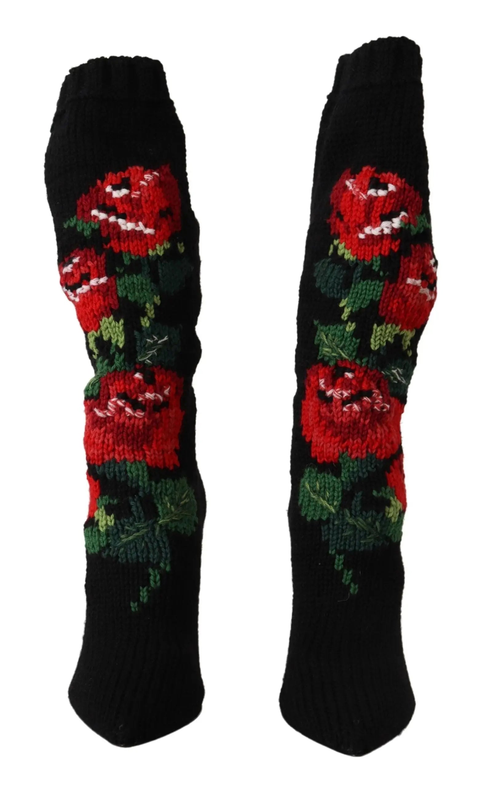 Black high-heeled sock boots with red rose embroidery and pointed toe.