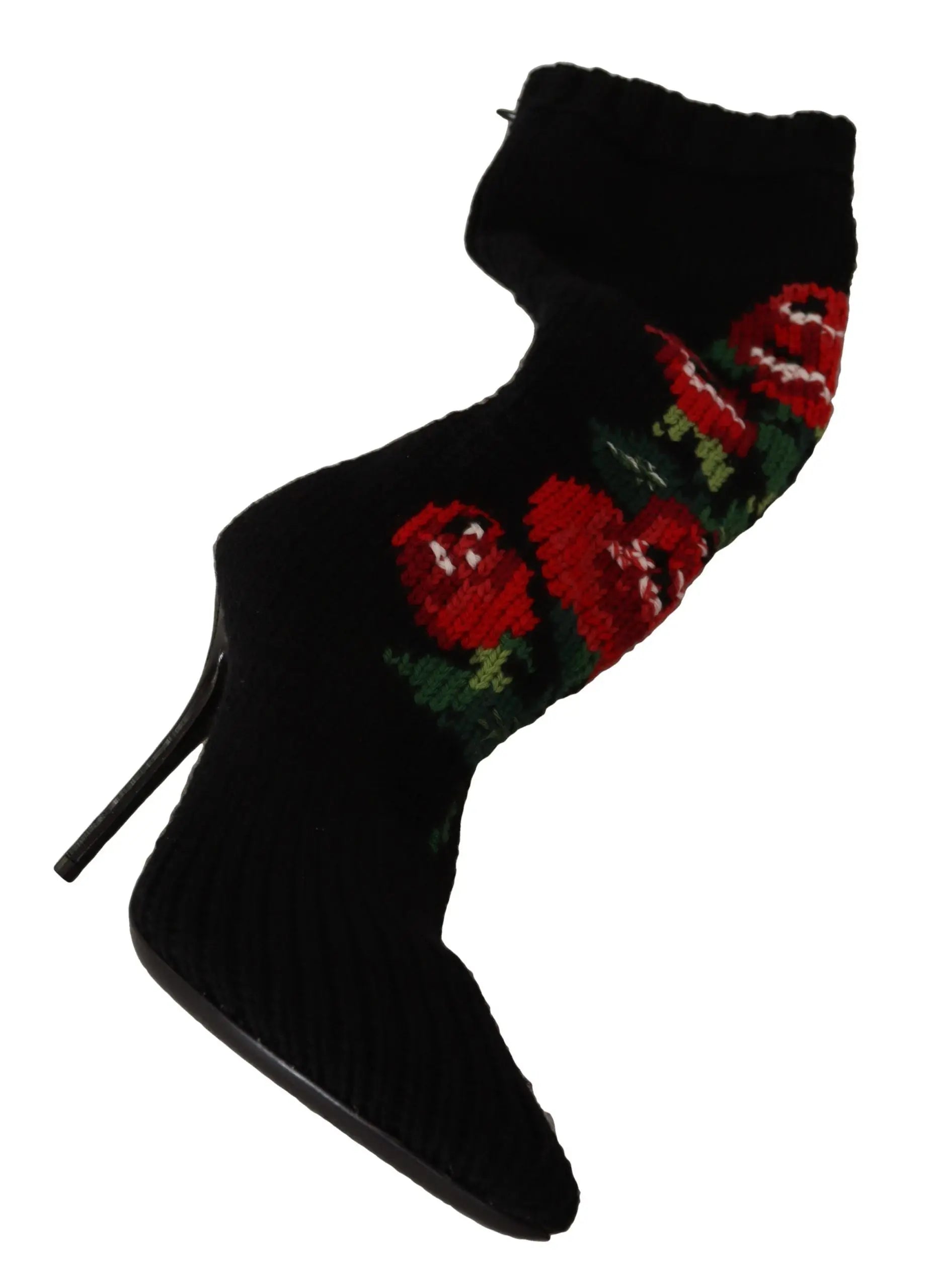 Black high-heeled sock boots with red rose embroidery and pointed toe.