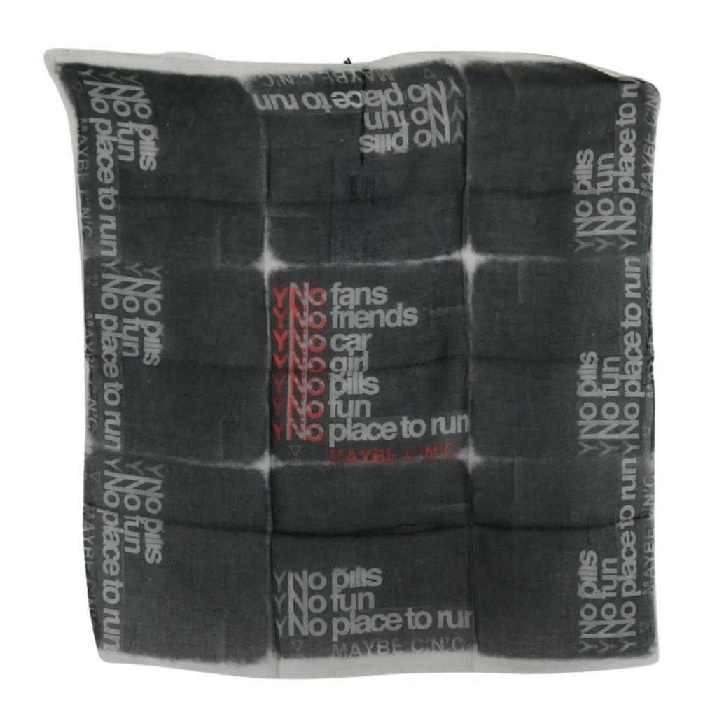 Dark gray wool foulard scarf with white and red text pattern and grid design.