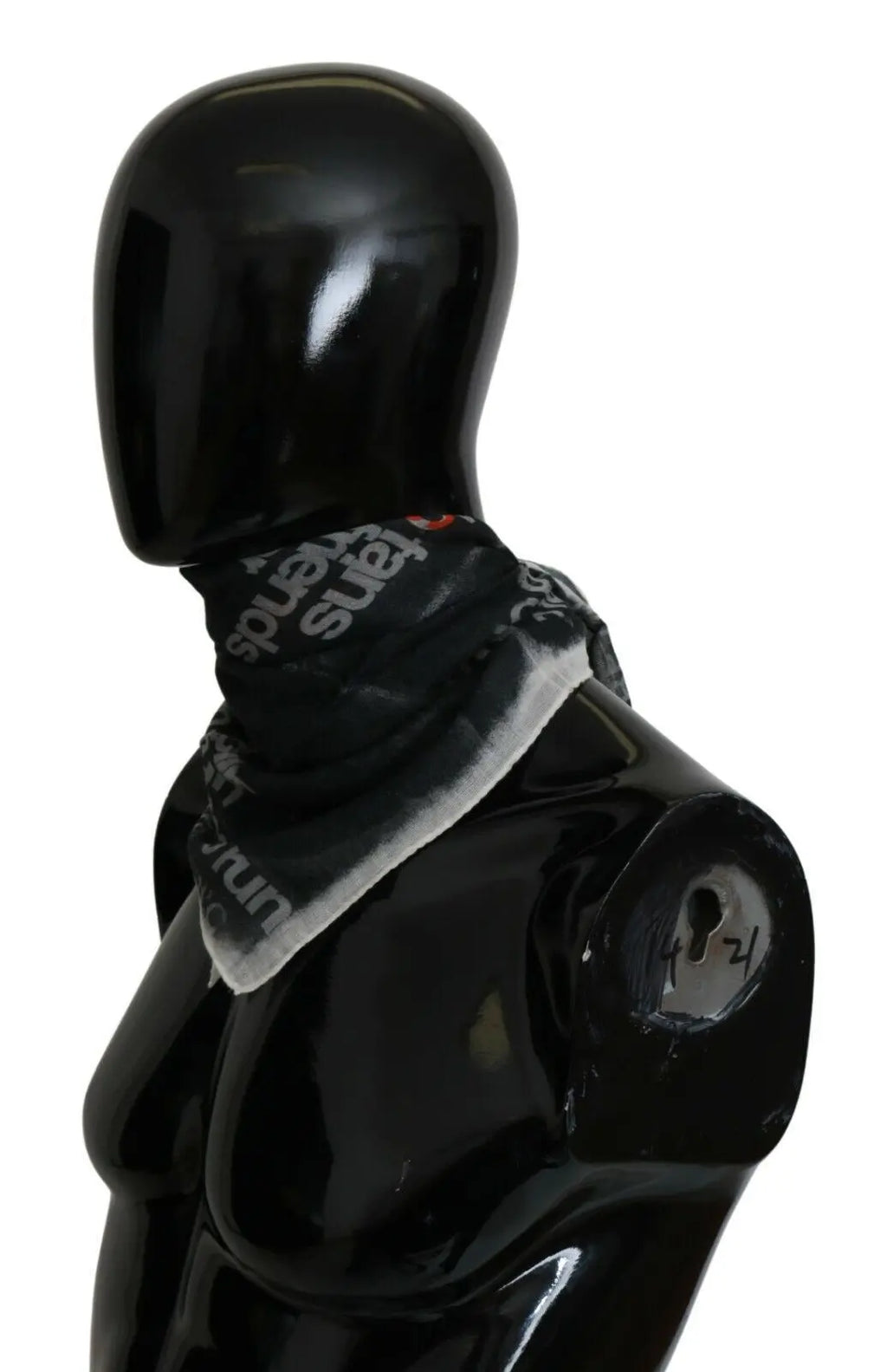 Dark gray wool foulard scarf with white and red text pattern and grid design.