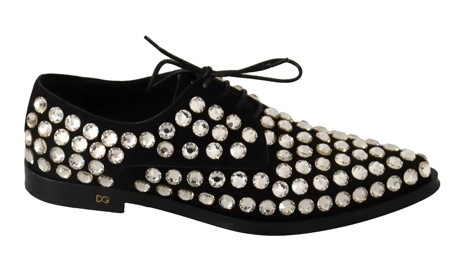 Black leather lace-up Oxford shoe adorned with large round crystals and a low heel.