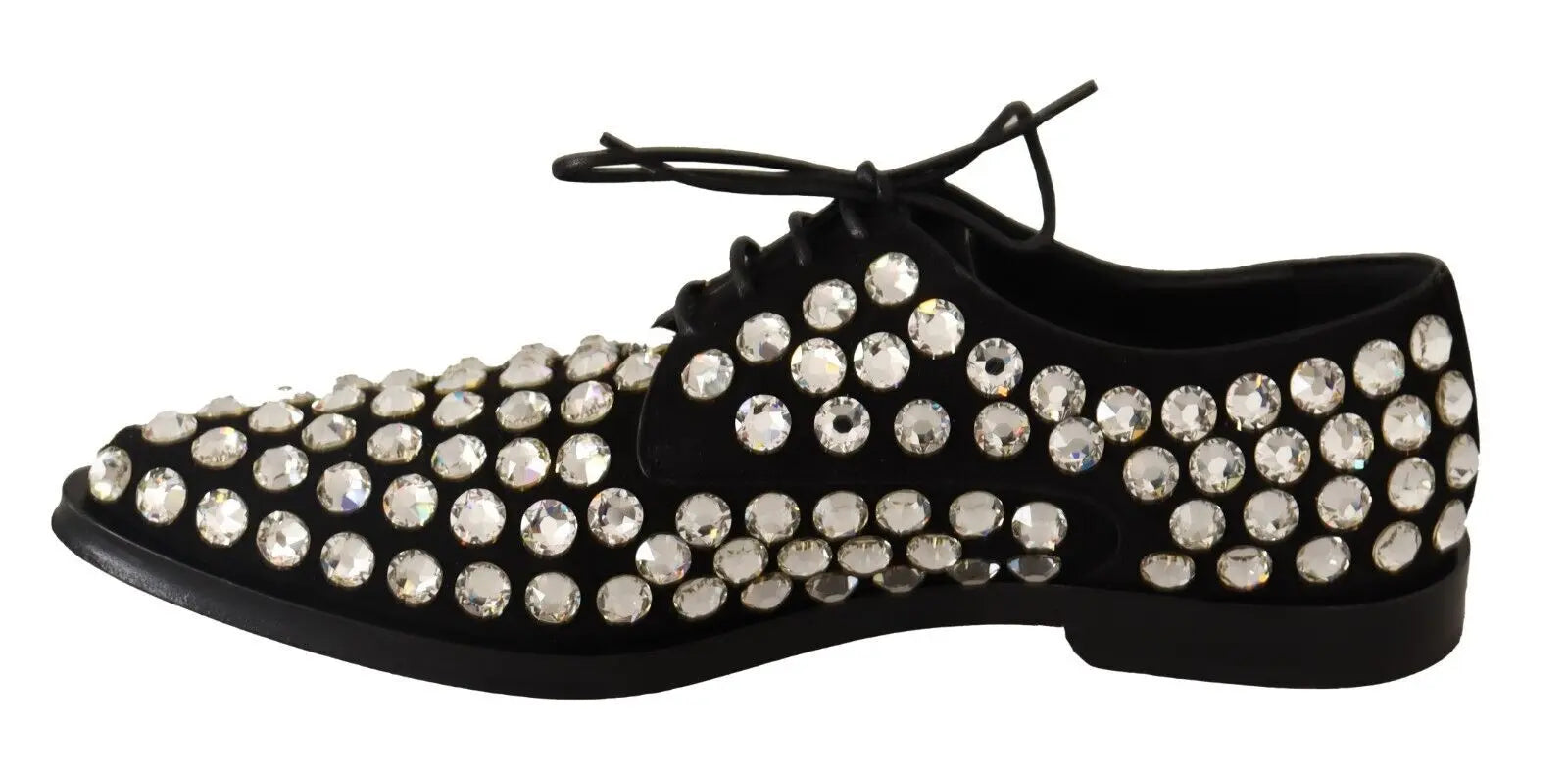 Black leather lace-up Oxford shoe adorned with large round crystals and a low heel.
