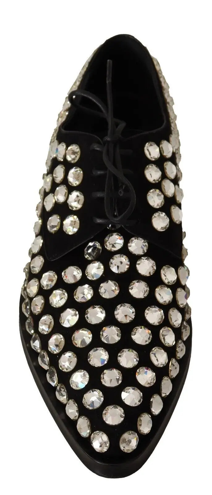 Black leather lace-up Oxford shoe adorned with large round crystals and a low heel.