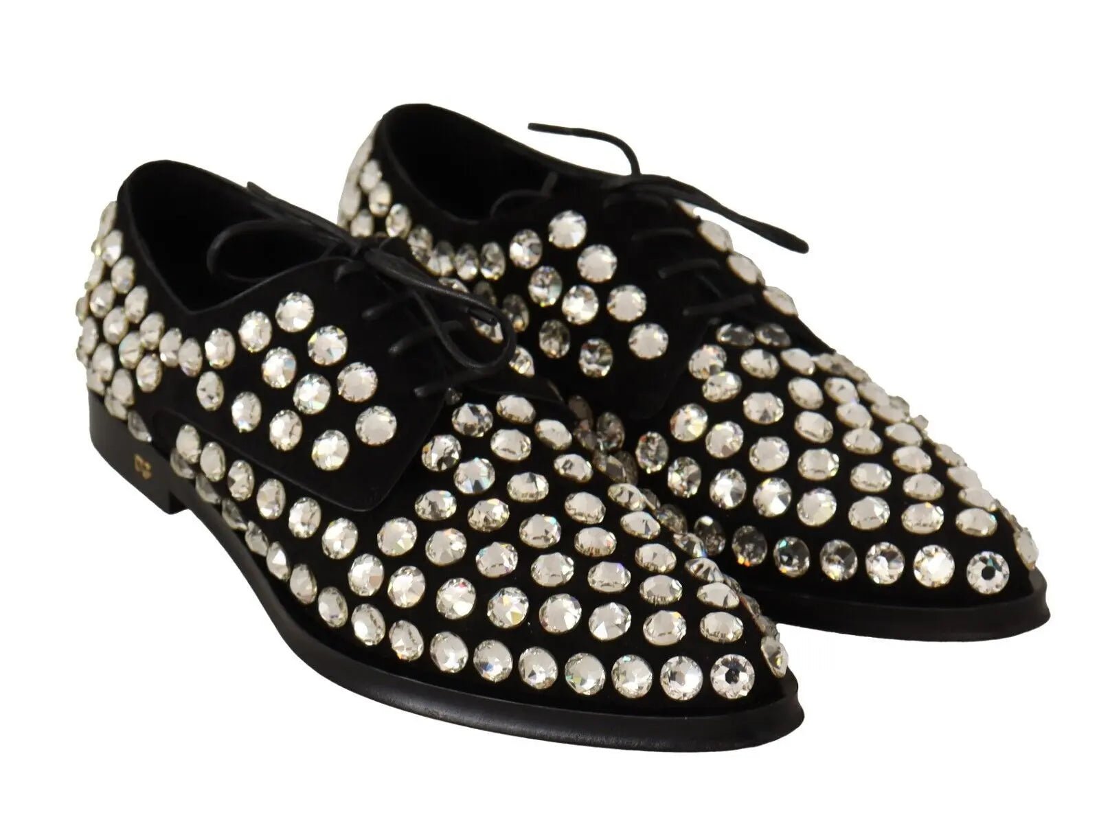 Black leather lace-up Oxford shoe adorned with large round crystals and a low heel.