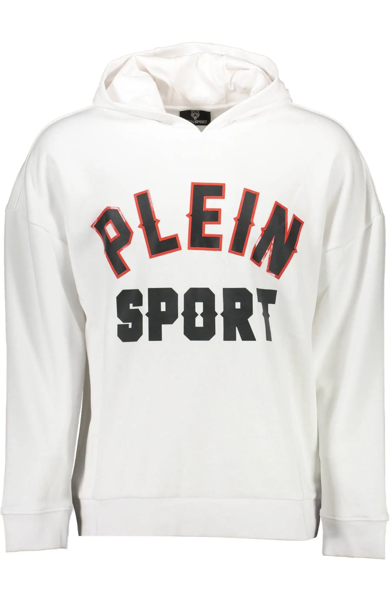 White cotton hoodie with Plein Sport logo in red and black on front.