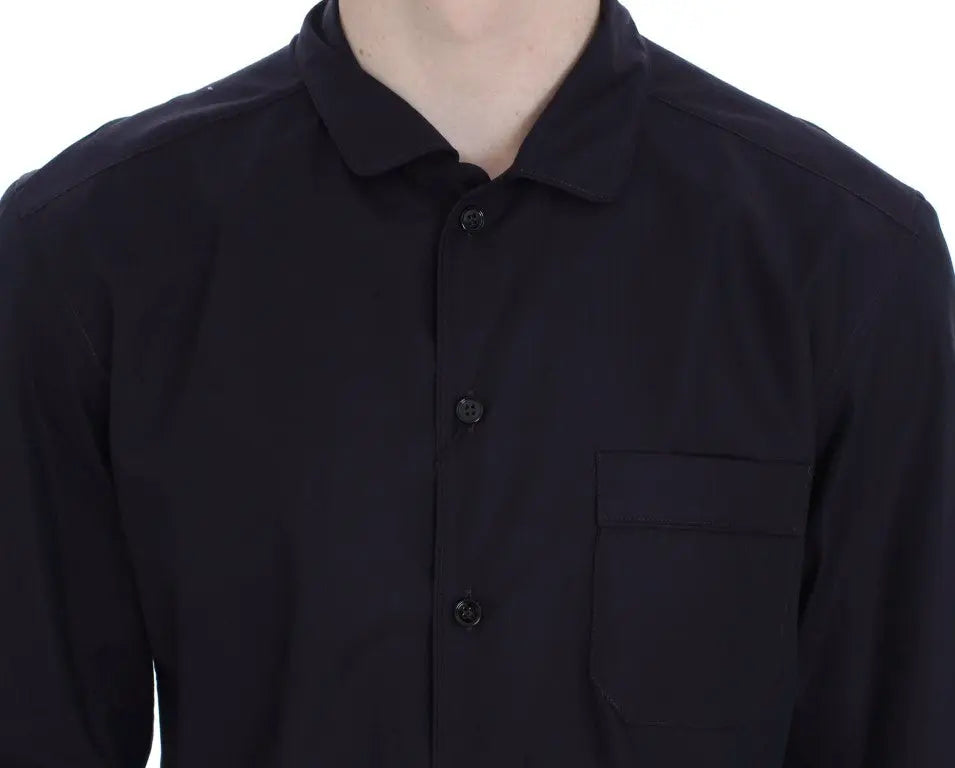 Black button-up long-sleeve cotton shirt with a chest pocket on the left side.