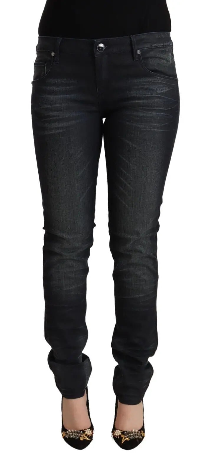 Black Washed Cotton Low Waist Slim Fit Denim Jeans Acht