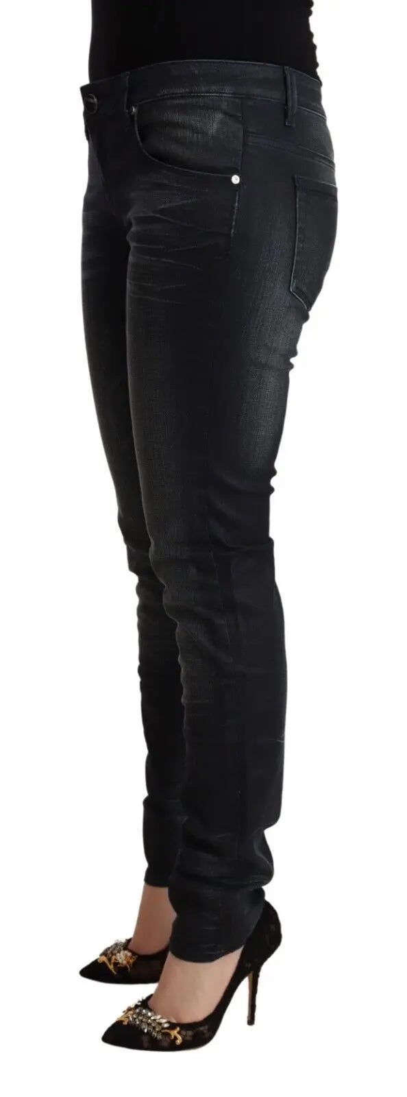 Black Washed Cotton Low Waist Slim Fit Denim Jeans Acht