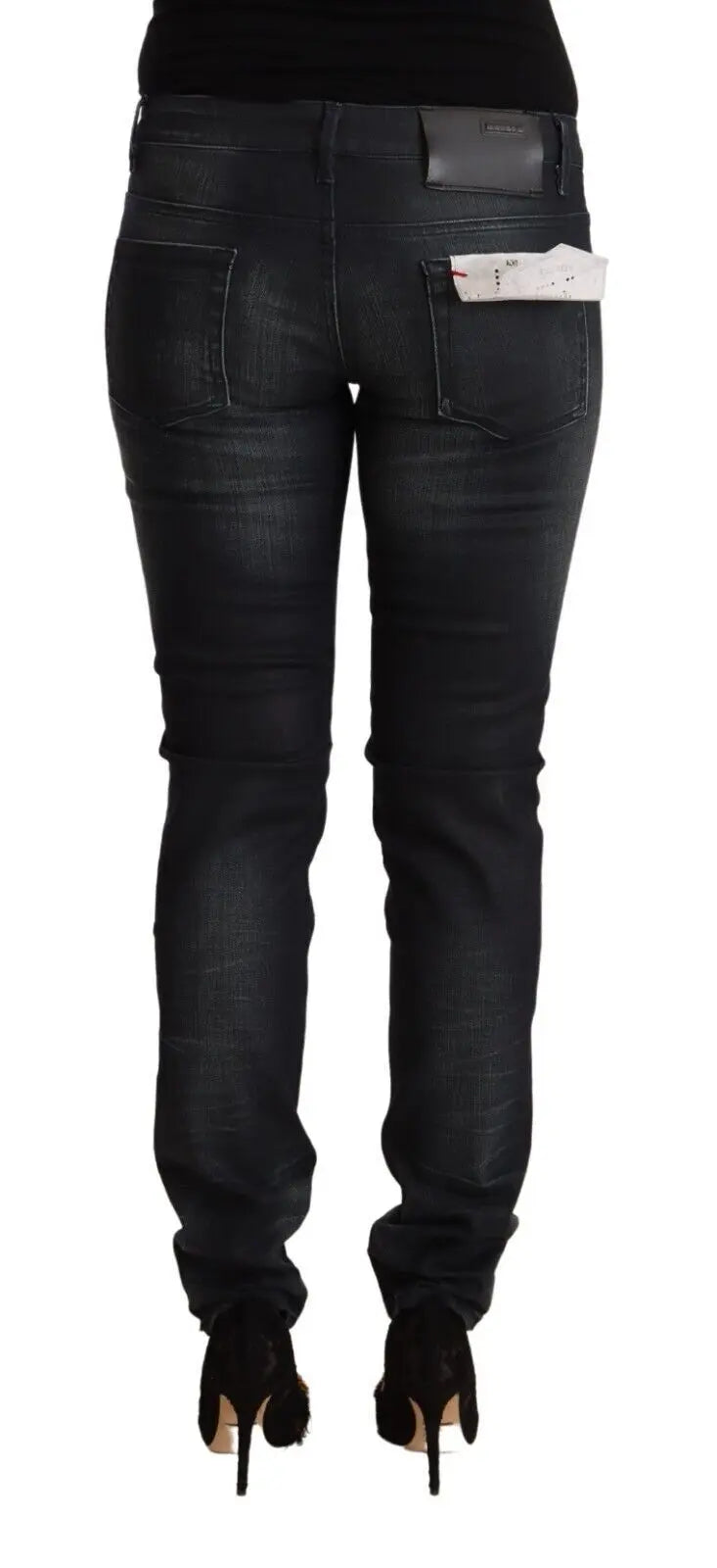Black Washed Cotton Low Waist Slim Fit Denim Jeans Acht