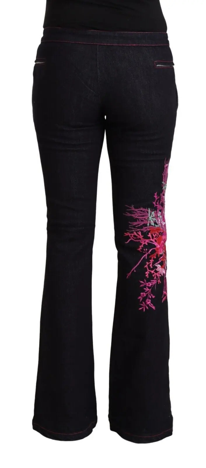 Black Cotton Stretch Mid Waist Cotton Flared Denim Jeans Exte