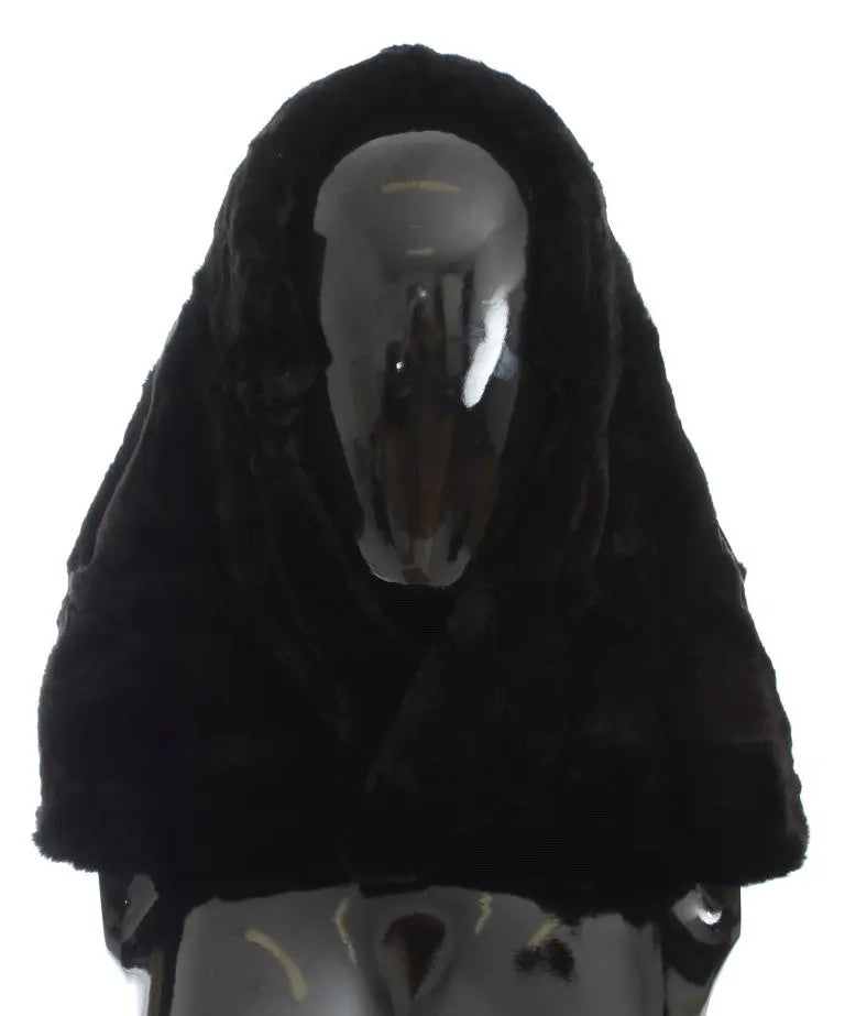 Black weasel fur crochet hood scarf hat with soft, plush texture and draped design.