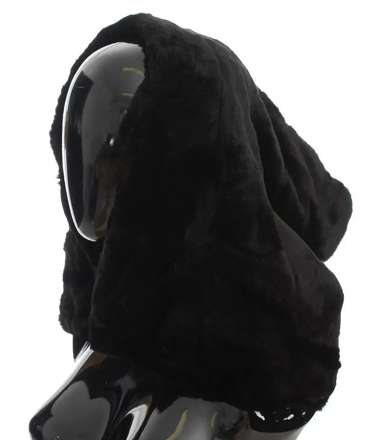 Black weasel fur crochet hood scarf hat with soft, plush texture and draped design.