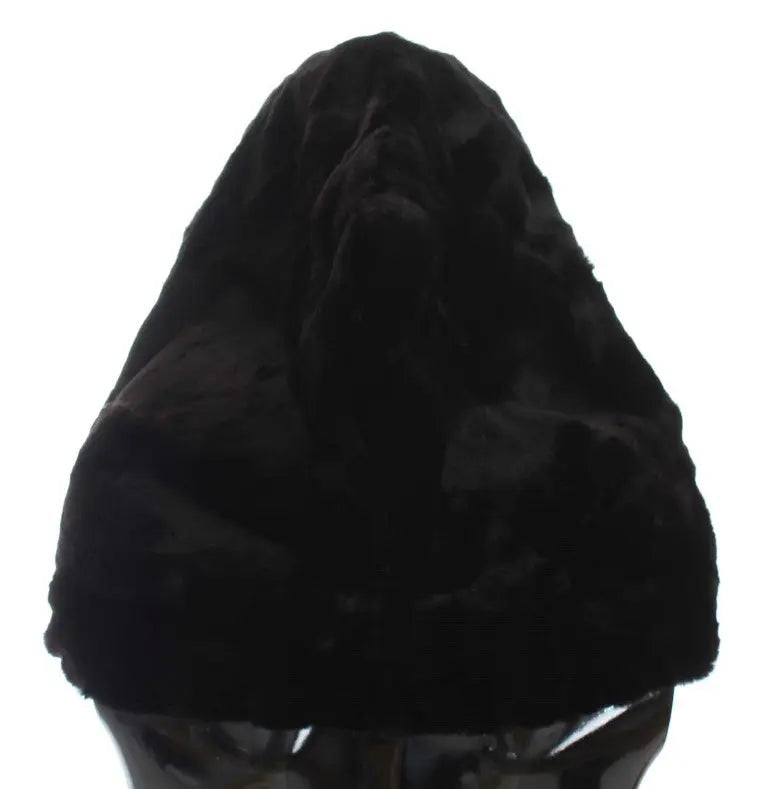 Black weasel fur crochet hood scarf hat with soft, plush texture and draped design.
