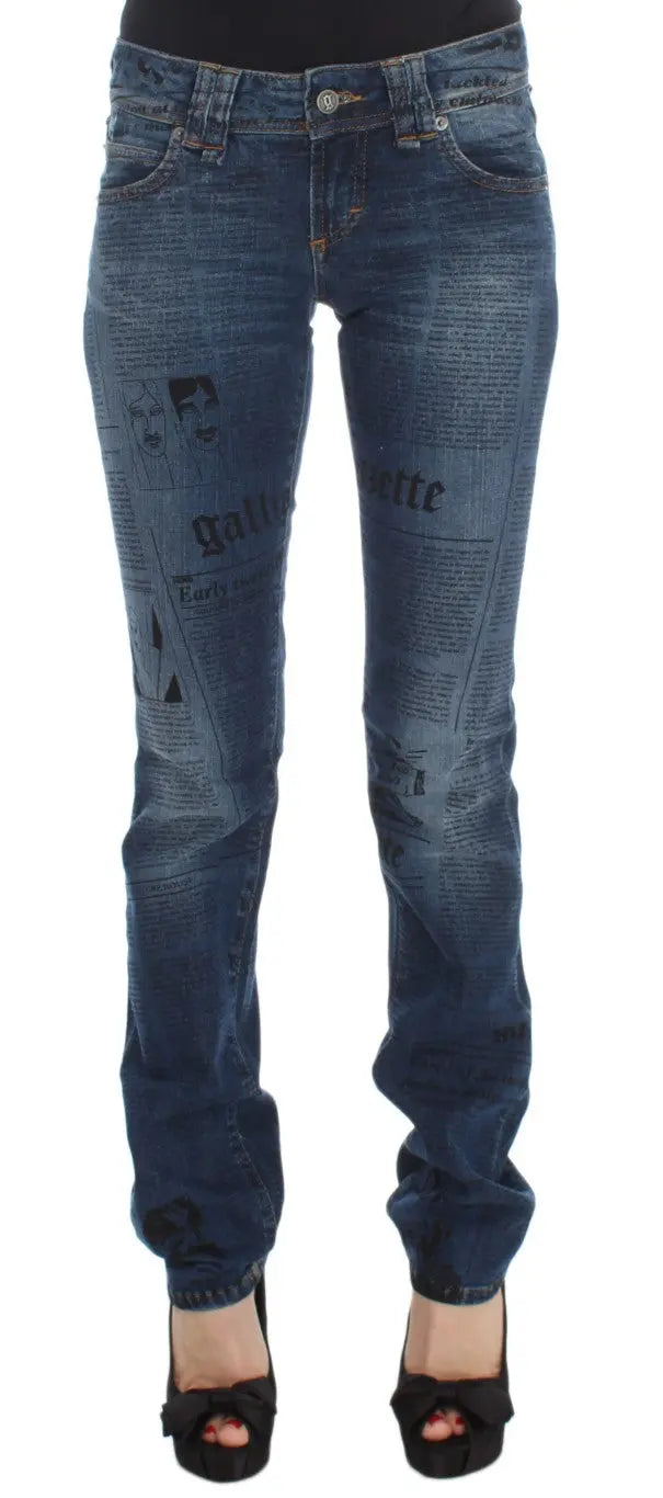 Blue wash slim fit bootcut jeans with classic five-pocket design and slight fading on thighs and knees.