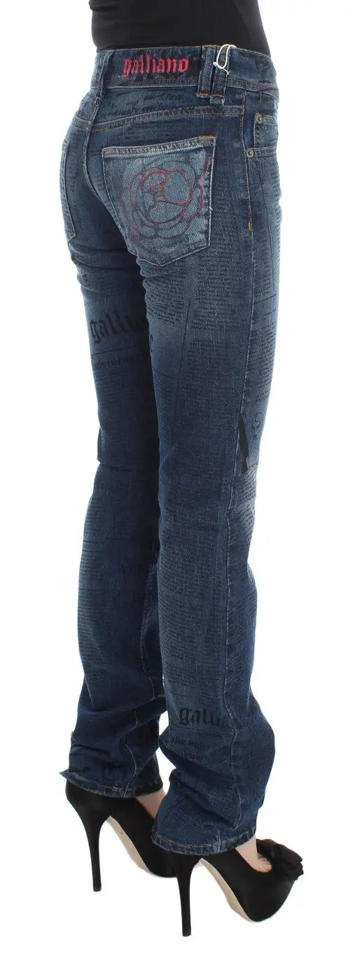 Blue wash slim fit bootcut jeans with classic five-pocket design and slight fading on thighs and knees.