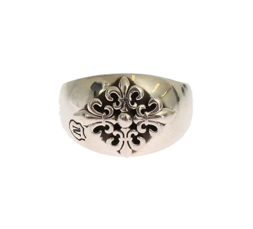 Silver Crest 925 sterling silver ring with intricate black fleur-de-lis engraving.