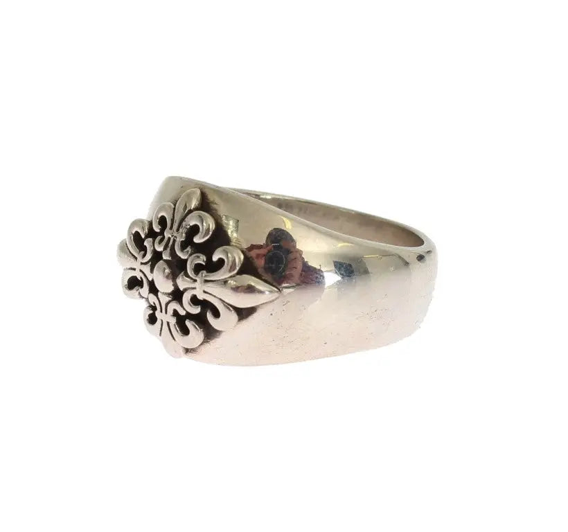 Silver Crest 925 sterling silver ring with intricate black fleur-de-lis engraving.