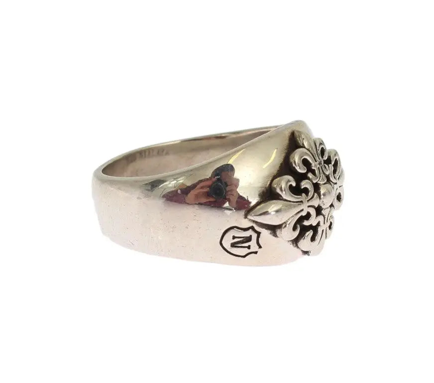 Silver Crest 925 sterling silver ring with intricate black fleur-de-lis engraving.
