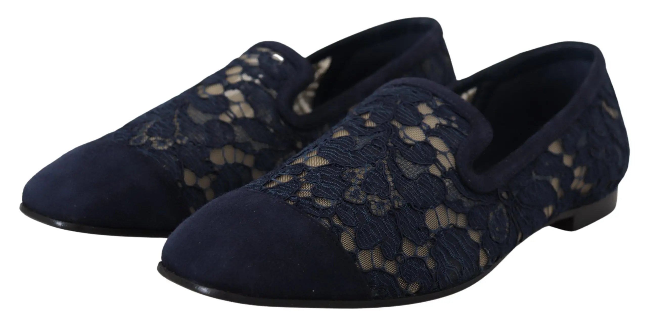 Blue Floral Lace Slip Ons Loafers Flats Shoes Dolce & Gabbana
