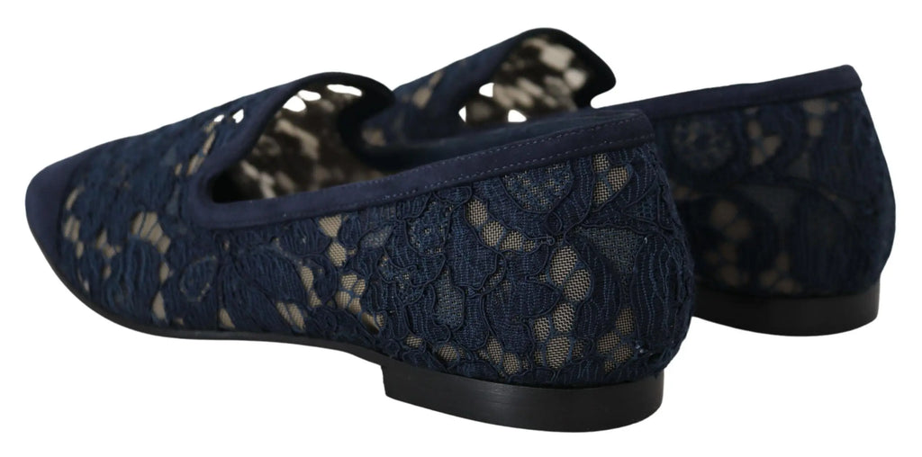 Blue Floral Lace Slip Ons Loafers Flats Shoes Dolce & Gabbana