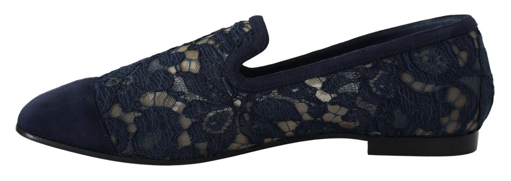 Blue Floral Lace Slip Ons Loafers Flats Shoes Dolce & Gabbana
