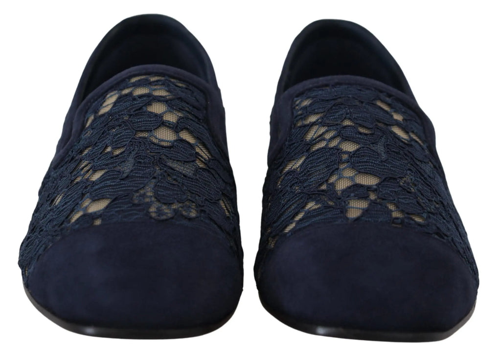 Blue Floral Lace Slip Ons Loafers Flats Shoes Dolce & Gabbana