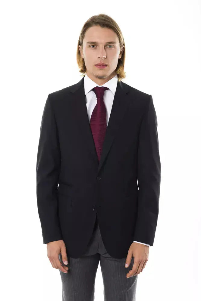 Black wool men's blazer with notch lapels, single-breasted button closure, and front flap pockets.