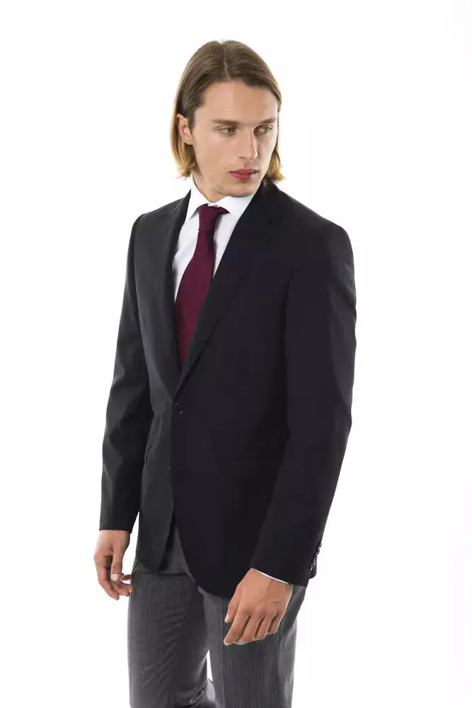 Black wool men's blazer with notch lapels, single-breasted button closure, and front flap pockets.