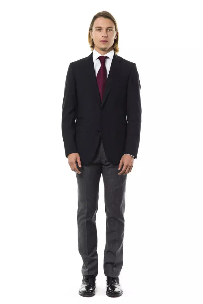 Black wool men's blazer with notch lapels, single-breasted button closure, and front flap pockets.