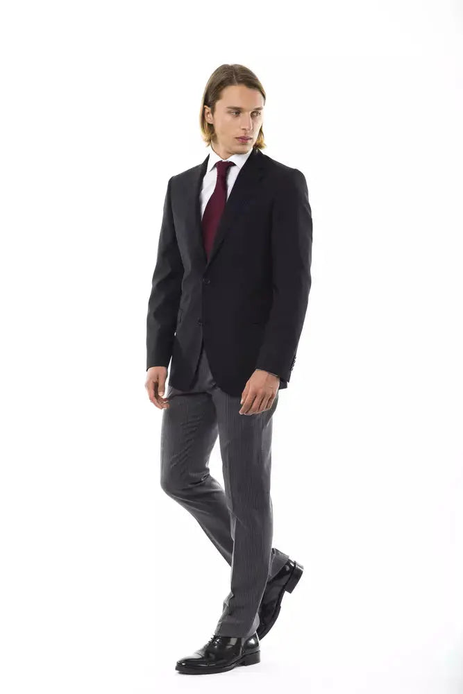 Black wool men's blazer with notch lapels, single-breasted button closure, and front flap pockets.