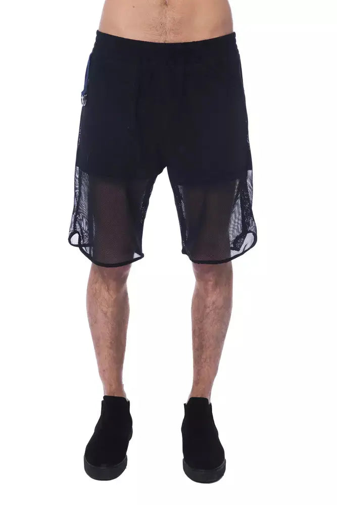 Black polyester men's sports shorts with mesh overlay and elastic waistband.